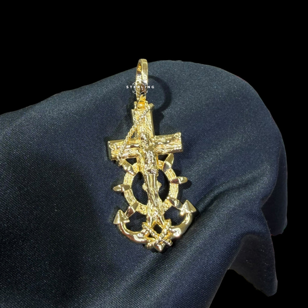 14K Gold Plated Anchor Jesus Cross Pendant, Mens Religious Nautical Necklace, Gold Crucifix Anchor Pendant, Christian Hip Hop Jewelry