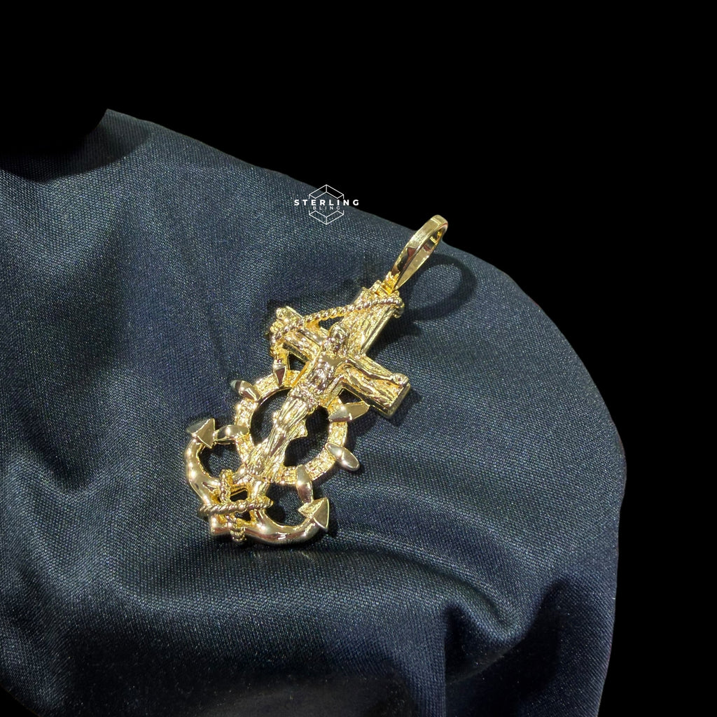 14K Gold Plated Anchor Jesus Cross Pendant, Mens Religious Nautical Necklace, Gold Crucifix Anchor Pendant, Christian Hip Hop Jewelry