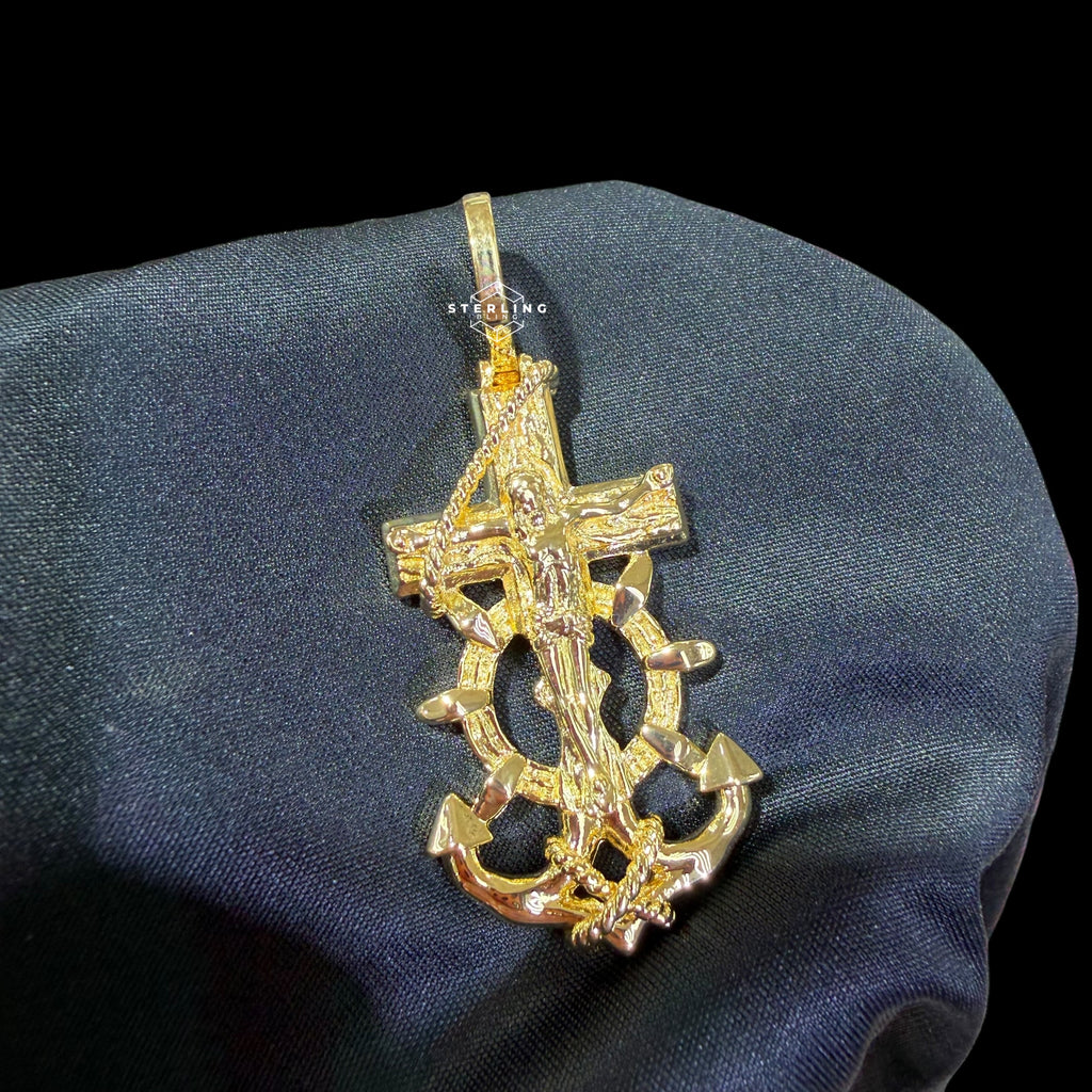 14K Gold Plated Anchor Jesus Cross Pendant, Mens Religious Nautical Necklace, Gold Crucifix Anchor Pendant, Christian Hip Hop Jewelry