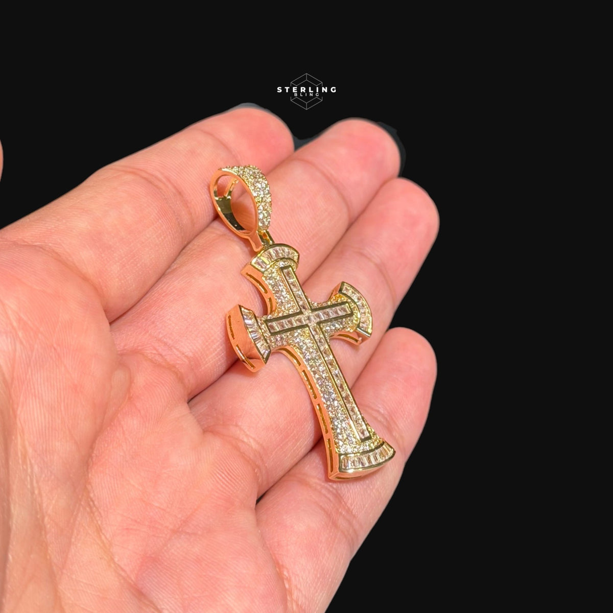 Gold Baguette Iced Cross Pendant -14k Gold Plated CZ