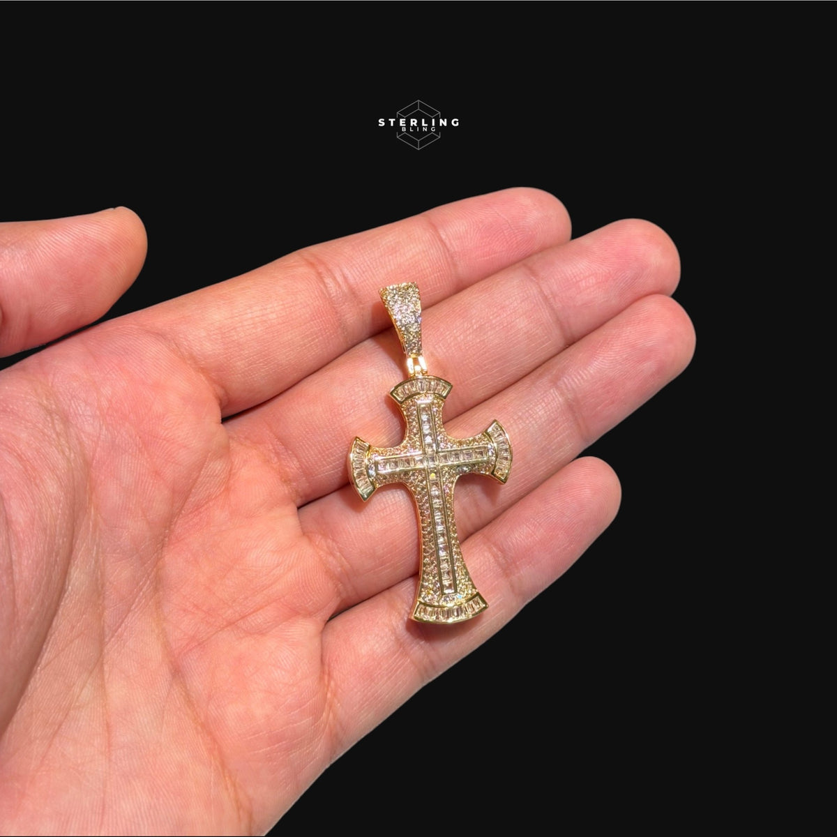Gold Baguette Iced Cross Pendant -14k Gold Plated CZ