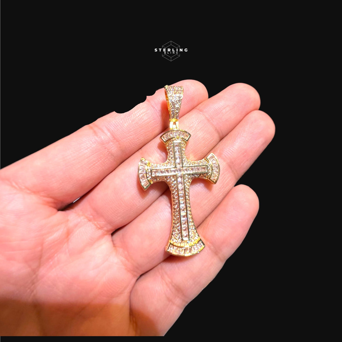 Gold Baguette Iced Cross Pendant -14k Gold Plated CZ