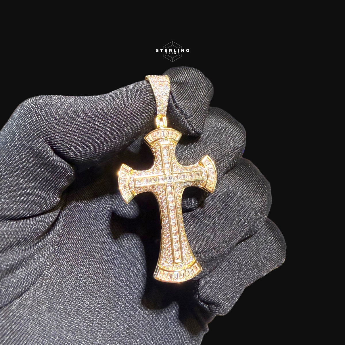 Gold Baguette Iced Cross Pendant -14k Gold Plated CZ