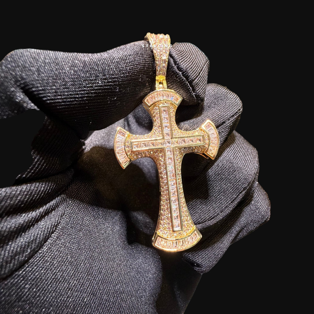 Gold Baguette Iced Cross Pendant -14k Gold Plated CZ
