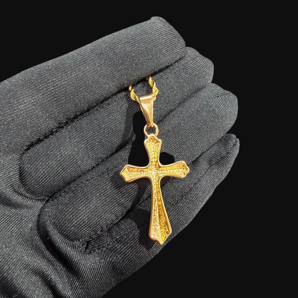 Gold Flare Cross Pendant Necklace, Stainless Steel Necklace for Men, Religious Christian Pendant, 14K Gold Bonded Waterproof Necklace, Gift for Him