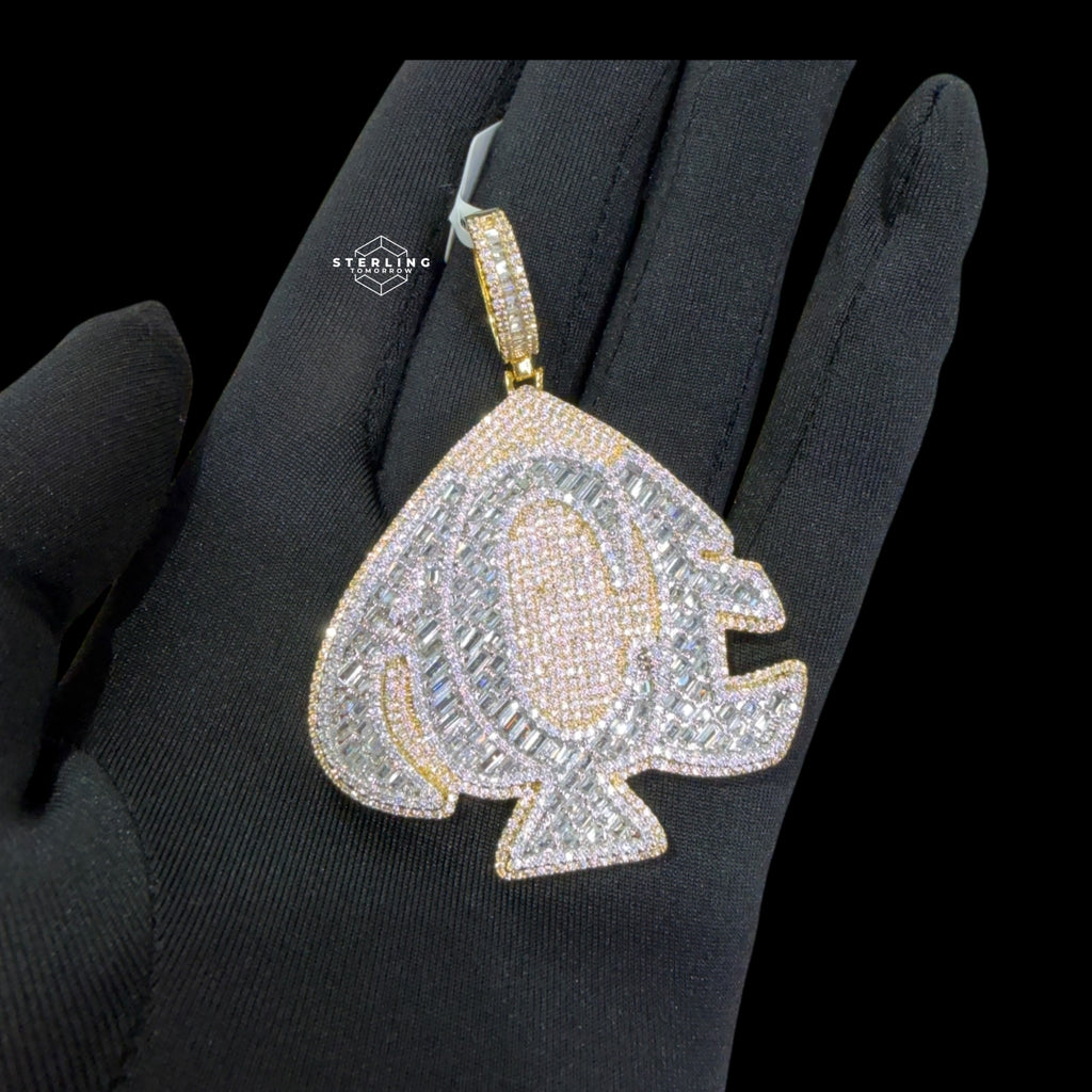Gold Iced Out Spade Pendant, 14K Gold Plated Baguette CZ Diamond Playing Card Charm, Mens Hip Hop Jewelry Necklace
