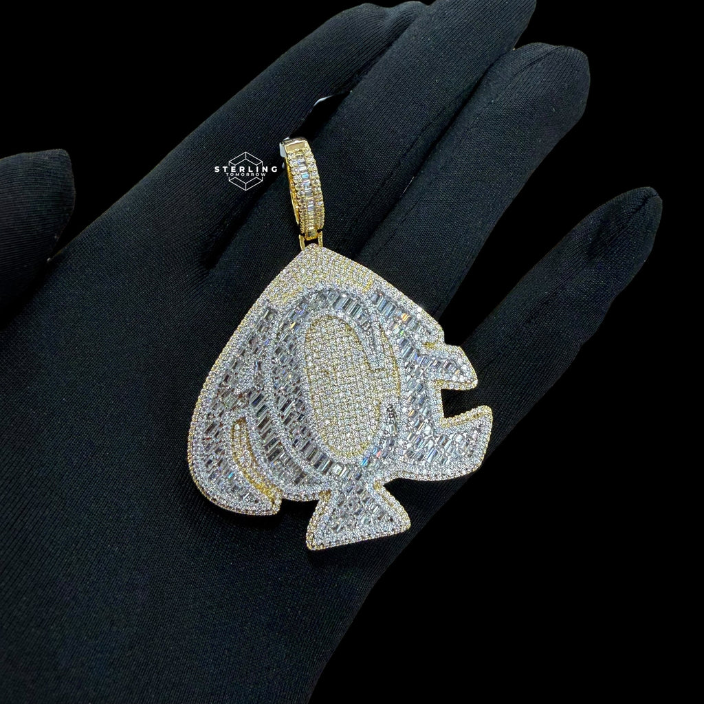Gold Iced Out Spade Pendant, 14K Gold Plated Baguette CZ Diamond Playing Card Charm, Mens Hip Hop Jewelry Necklace