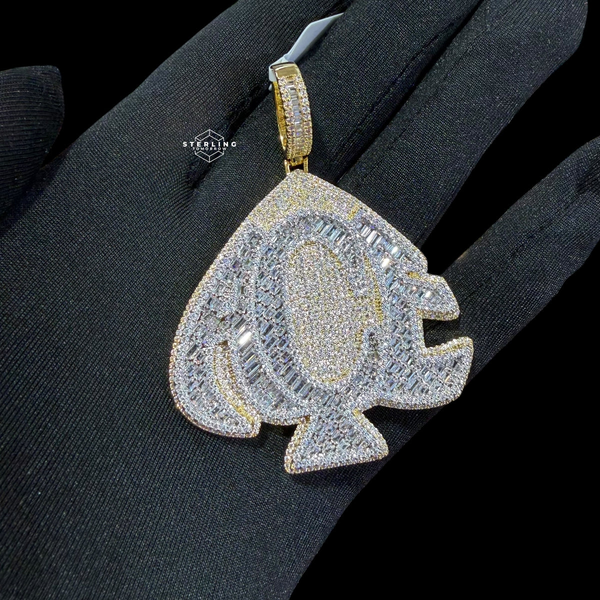 Gold Iced Out Spade Pendant, 14K Gold Plated Baguette CZ Diamond Playing Card Charm, Mens Hip Hop Jewelry Necklace