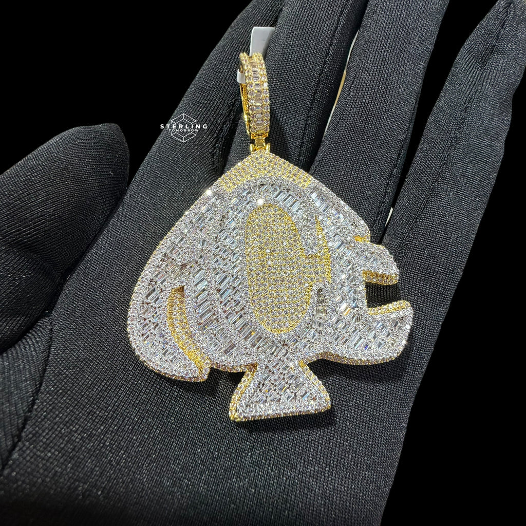 Gold Iced Out Spade Pendant, 14K Gold Plated Baguette CZ Diamond Playing Card Charm, Mens Hip Hop Jewelry Necklace