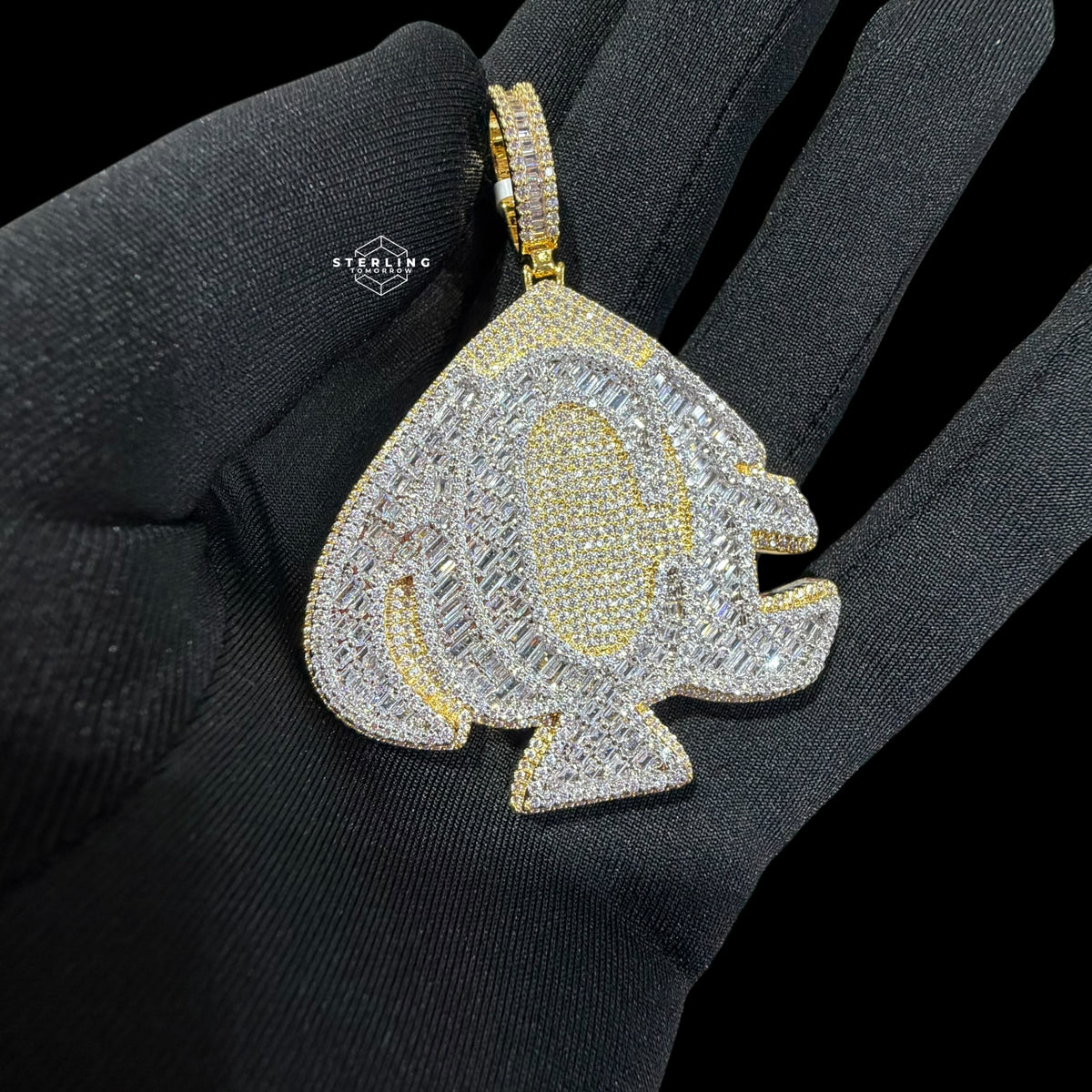 Gold Iced Out Spade Pendant, 14K Gold Plated Baguette CZ Diamond Playing Card Charm, Mens Hip Hop Jewelry Necklace