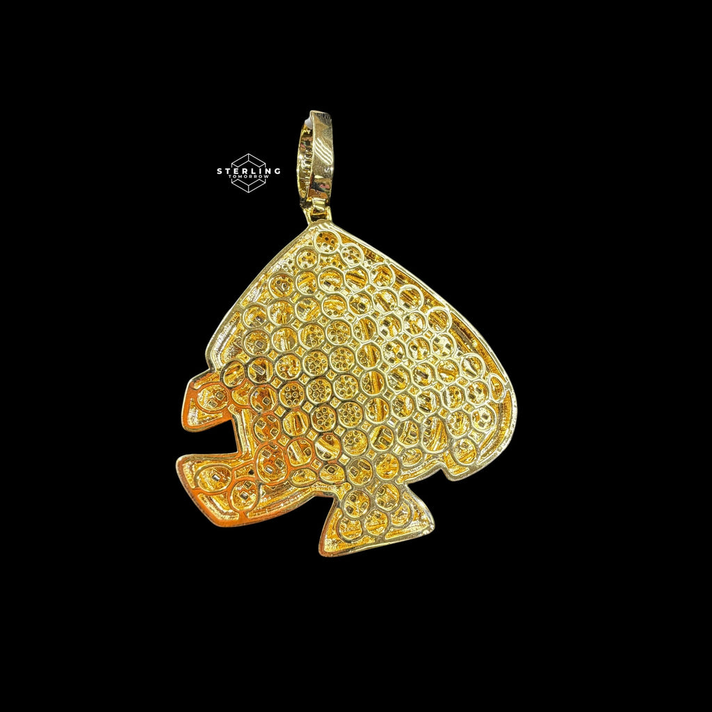 Gold Iced Out Spade Pendant, 14K Gold Plated Baguette CZ Diamond Playing Card Charm, Mens Hip Hop Jewelry Necklace