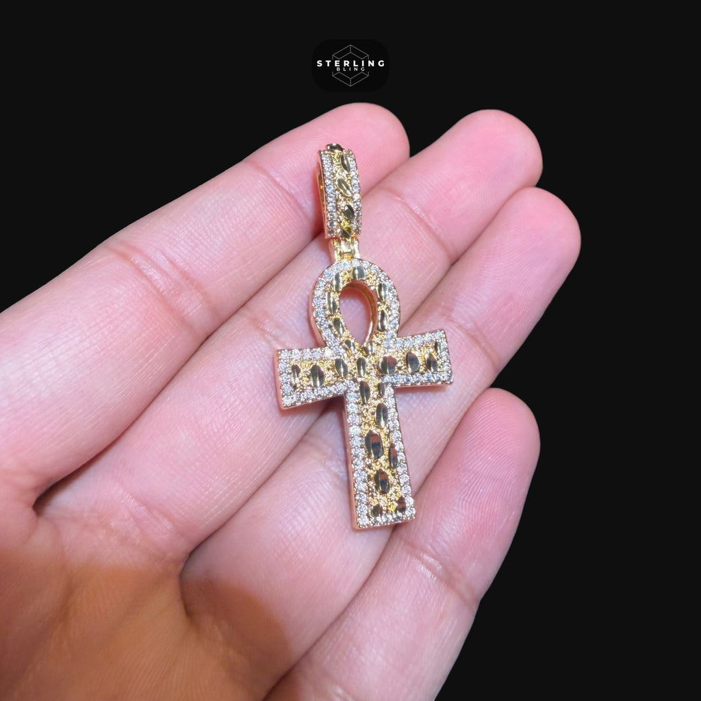Iced Out Gold Nugget Ankh Pendant