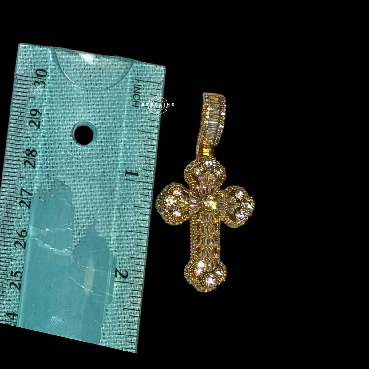 Gold Iced Out Cross Pendant, 14K Gold Plated Baguette