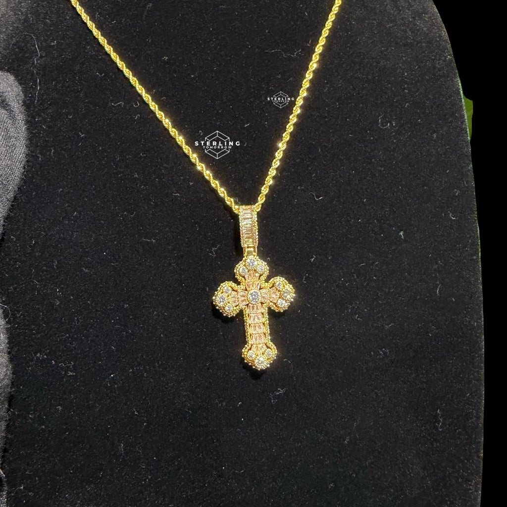 Gold Iced Out Cross Pendant, 14K Gold Plated Baguette