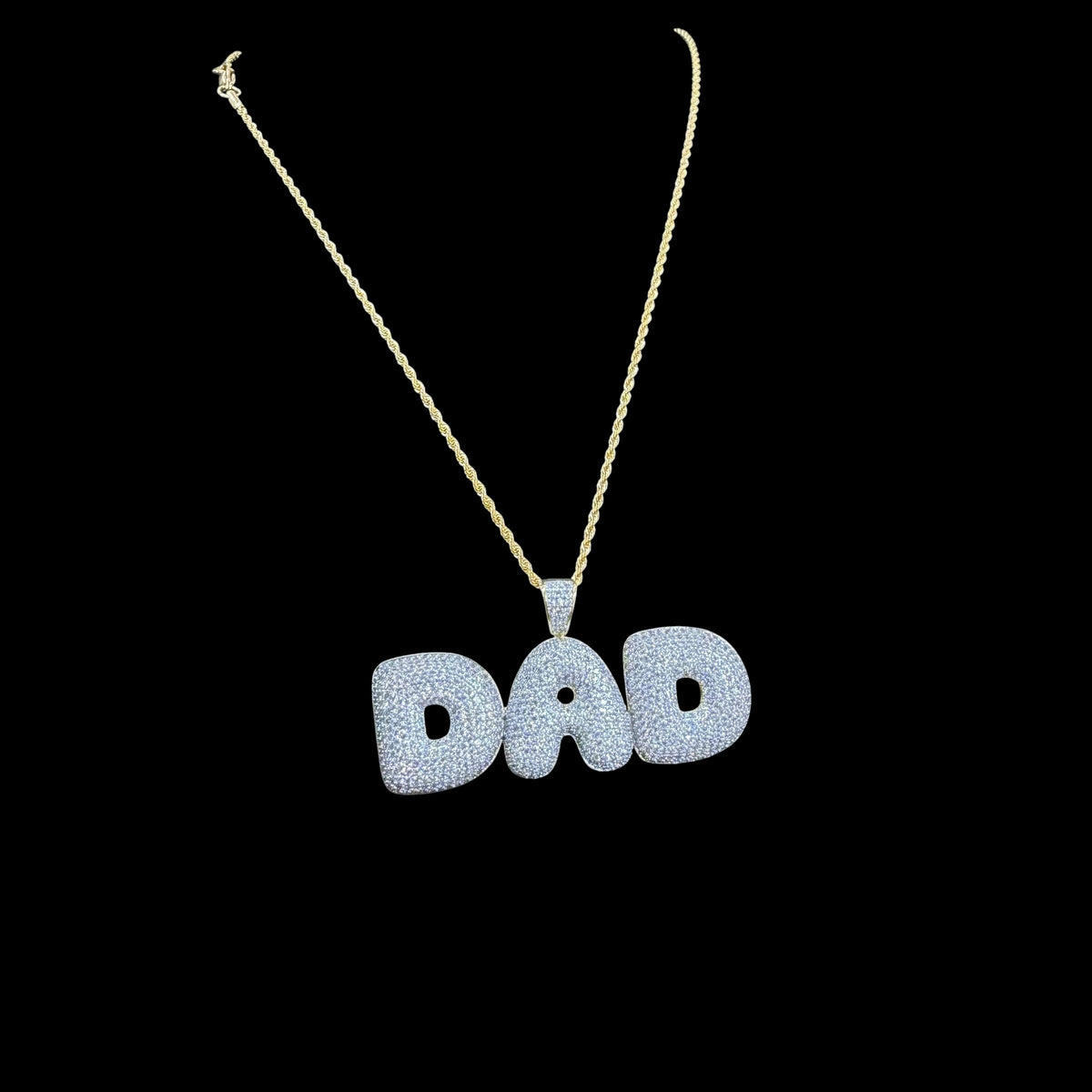 Iced Out DAD Pendant, 14K Gold Plated CZ Dad Necklace, Father’s Day Gift for Him, Hip Hop Jewelry with Rope Chain