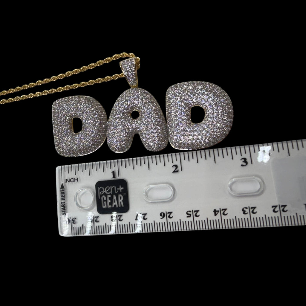 Iced Out DAD Pendant, 14K Gold Plated CZ Dad Necklace, Father’s Day Gift for Him, Hip Hop Jewelry with Rope Chain