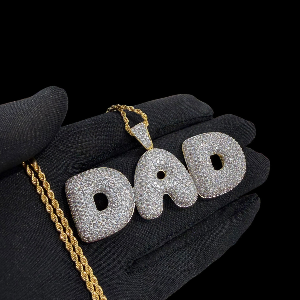 Iced Out DAD Pendant, 14K Gold Plated CZ Dad Necklace, Father’s Day Gift for Him, Hip Hop Jewelry with Rope Chain
