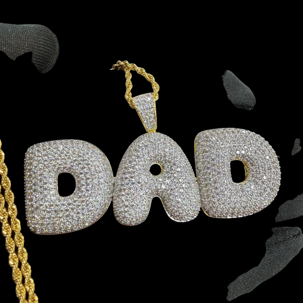 Iced Out DAD Pendant, 14K Gold Plated CZ Dad Necklace, Father’s Day Gift for Him, Hip Hop Jewelry with Rope Chain