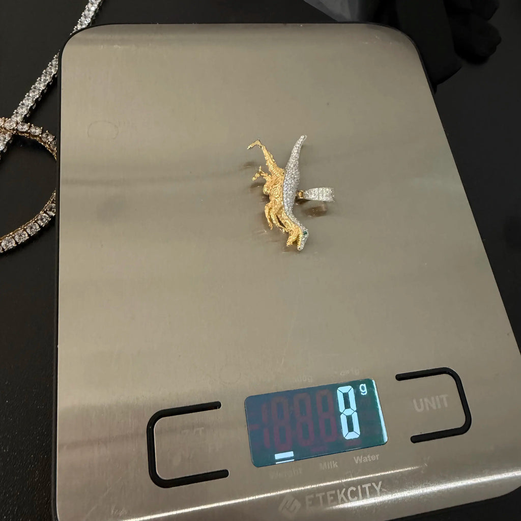 Gold Iced Out Dinosaur Pendant, Green Eye CZ Diamond Necklace, Solid 925 Sterling Silver Hip Hop Jewelry, 22 Inch Rope Chain