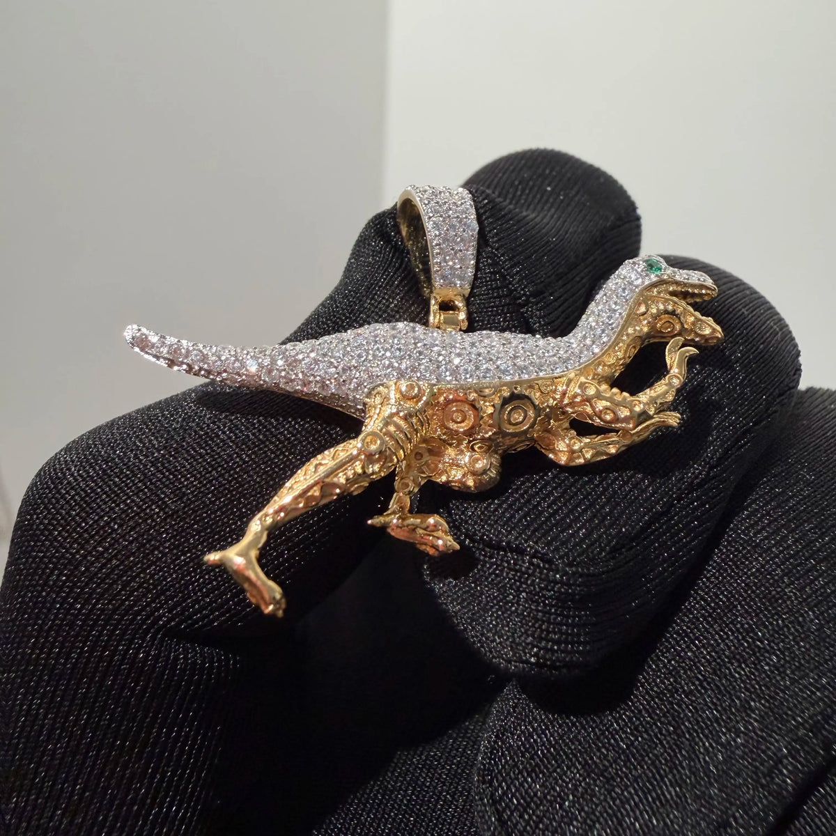 Gold Iced Out Dinosaur Pendant, Green Eye CZ Diamond Necklace, Solid 925 Sterling Silver Hip Hop Jewelry, 22 Inch Rope Chain
