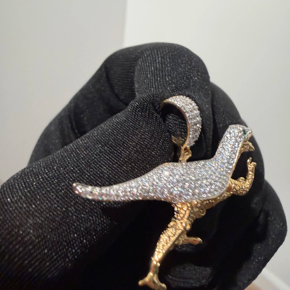 Gold Iced Out Dinosaur Pendant, Green Eye CZ Diamond Necklace, Solid 925 Sterling Silver Hip Hop Jewelry, 22 Inch Rope Chain