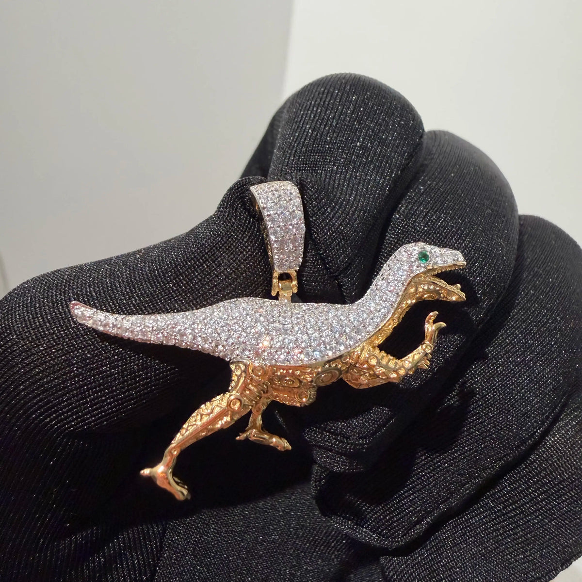 Gold Iced Out Dinosaur Pendant, Green Eye CZ Diamond Necklace, Solid 925 Sterling Silver Hip Hop Jewelry, 22 Inch Rope Chain