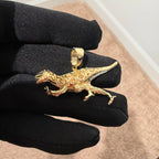 Gold Iced Out Dinosaur Pendant, Green Eye CZ Diamond Necklace, Solid 925 Sterling Silver Hip Hop Jewelry, 22 Inch Rope Chain