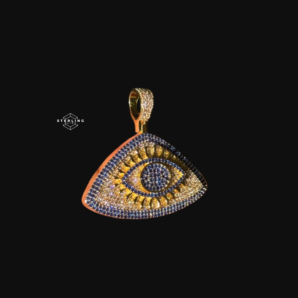 14K Gold Plated Iced Out Evil Eye Pendant | Blue CZ Diamond Eye Necklace | Hip Hop Protection Jewelry
