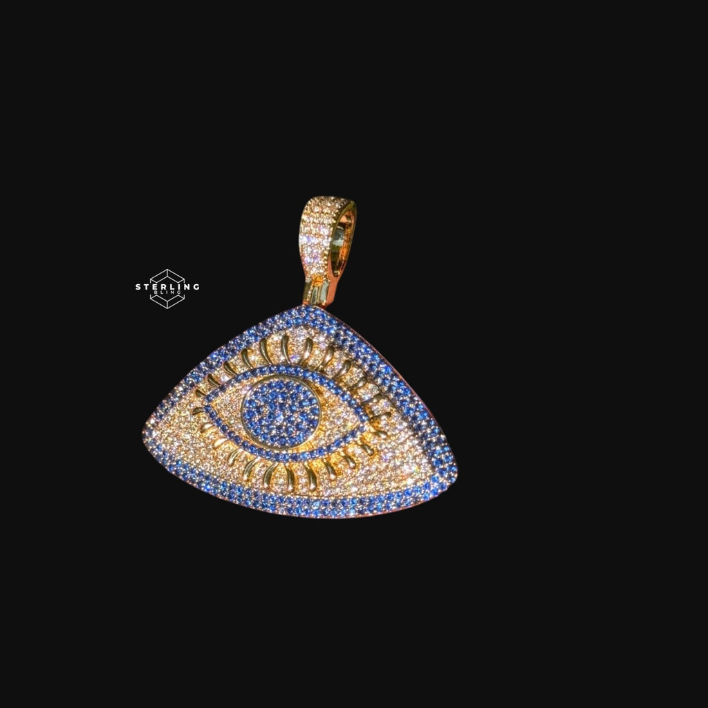 14K Gold Plated Iced Out Evil Eye Pendant | Blue CZ Diamond Eye Necklace | Hip Hop Protection Jewelry