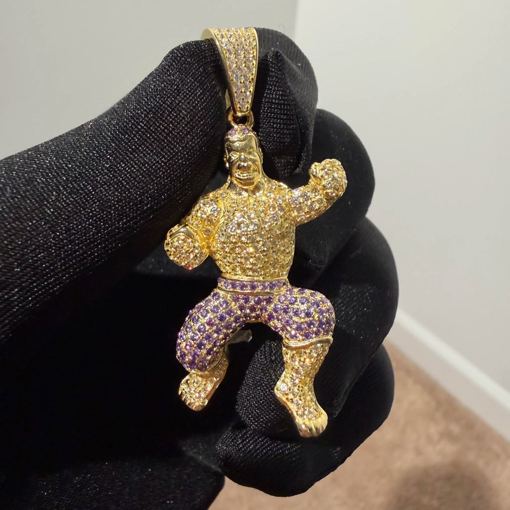 Gold Iced Out Muscular Fighter Pendant, Solid 925 Sterling Silver VVS Simulated CZ Diamond Necklace, Purple CZ Hip Hop Jewelry, 22 Inch Rope Chain