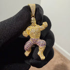 Gold Iced Out Muscular Fighter Pendant, Solid 925 Sterling Silver VVS Simulated CZ Diamond Necklace, Purple CZ Hip Hop Jewelry, 22 Inch Rope Chain