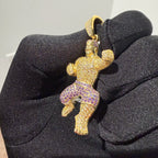 Gold Iced Out Muscular Fighter Pendant, Solid 925 Sterling Silver VVS Simulated CZ Diamond Necklace, Purple CZ Hip Hop Jewelry, 22 Inch Rope Chain