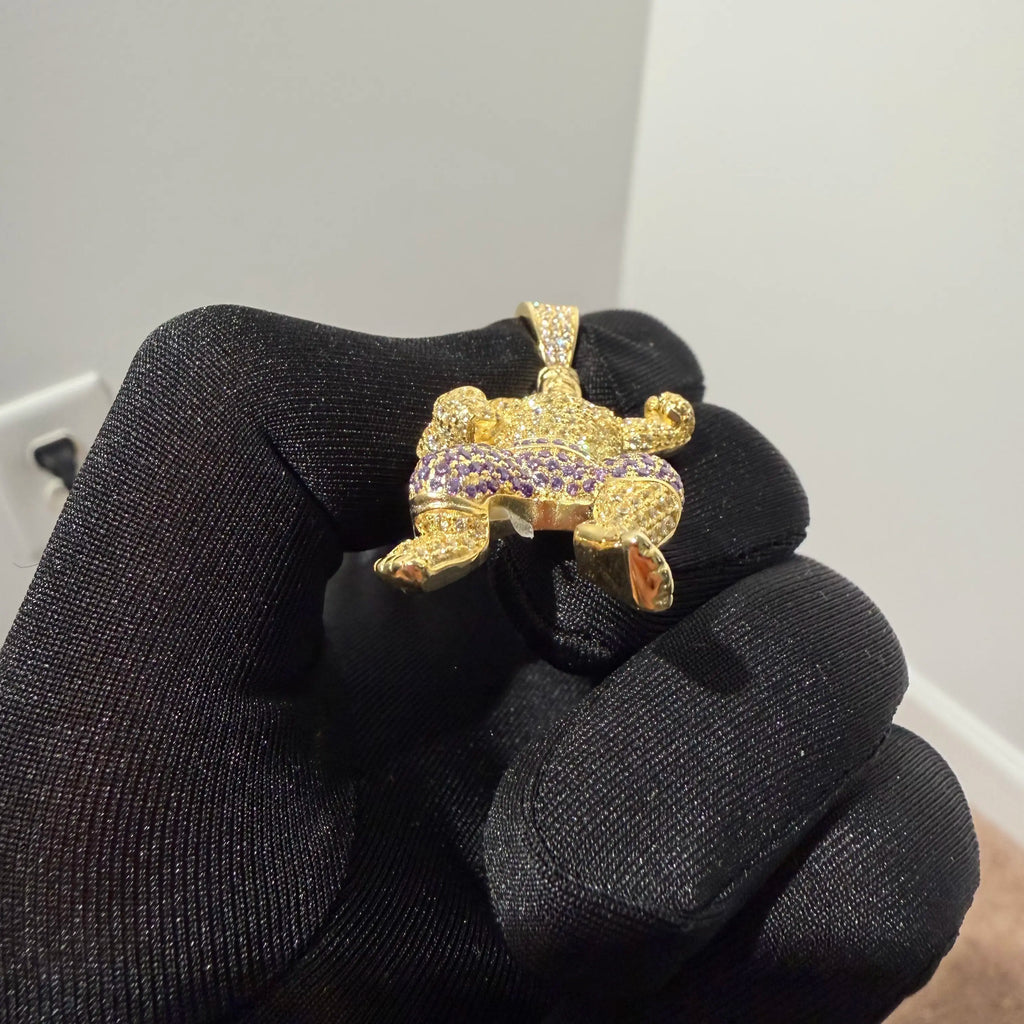 Gold Iced Out Muscular Fighter Pendant, Solid 925 Sterling Silver VVS Simulated CZ Diamond Necklace, Purple CZ Hip Hop Jewelry, 22 Inch Rope Chain