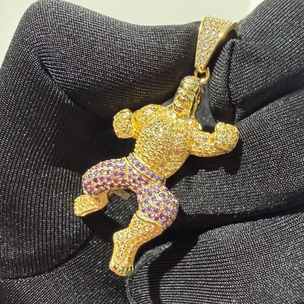 Gold Iced Out Muscular Fighter Pendant, Solid 925 Sterling Silver VVS Simulated CZ Diamond Necklace, Purple CZ Hip Hop Jewelry, 22 Inch Rope Chain