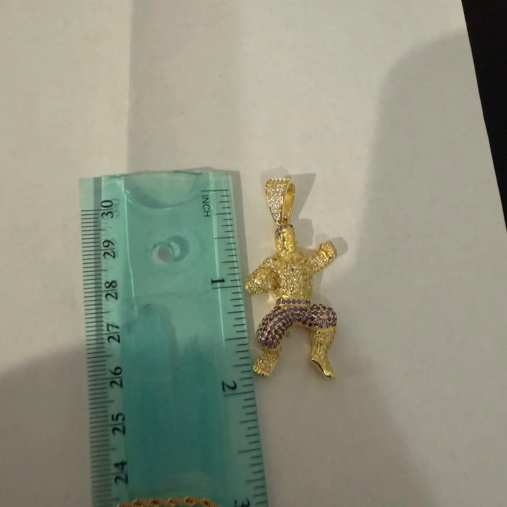 Gold Iced Out Muscular Fighter Pendant, Solid 925 Sterling Silver VVS Simulated CZ Diamond Necklace, Purple CZ Hip Hop Jewelry, 22 Inch Rope Chain