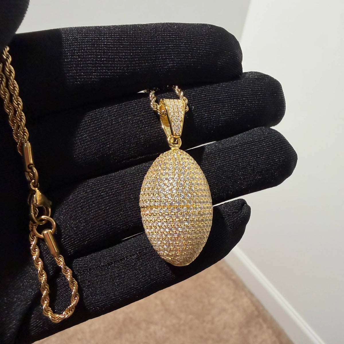 Gold Iced Out Football Pendant, Solid 925 Sterling Silver VVS CZ Diamond Necklace, Sports Jewelry, 22 Inch Rope Chain