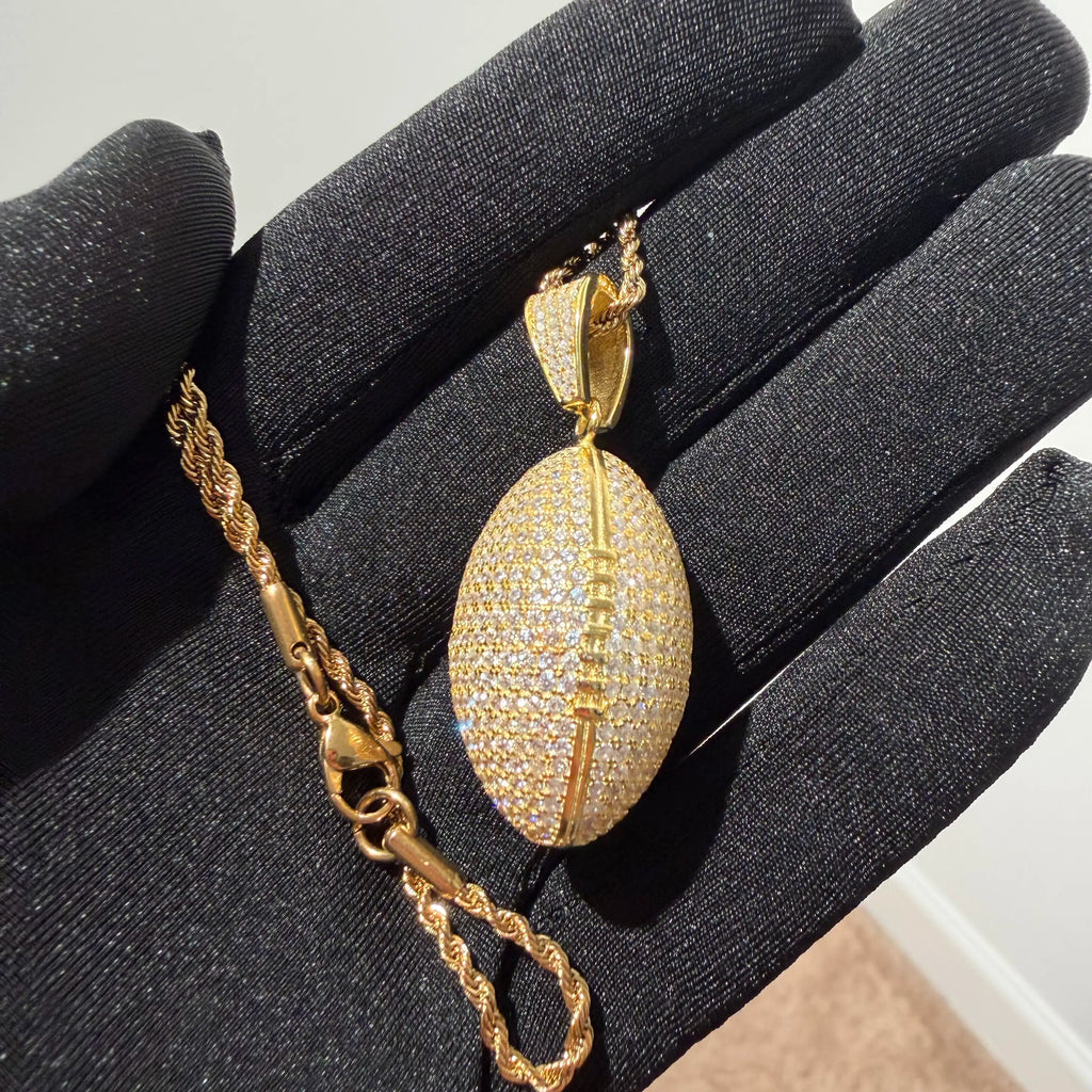 Gold Iced Out Football Pendant, Solid 925 Sterling Silver VVS CZ Diamond Necklace, Sports Jewelry, 22 Inch Rope Chain