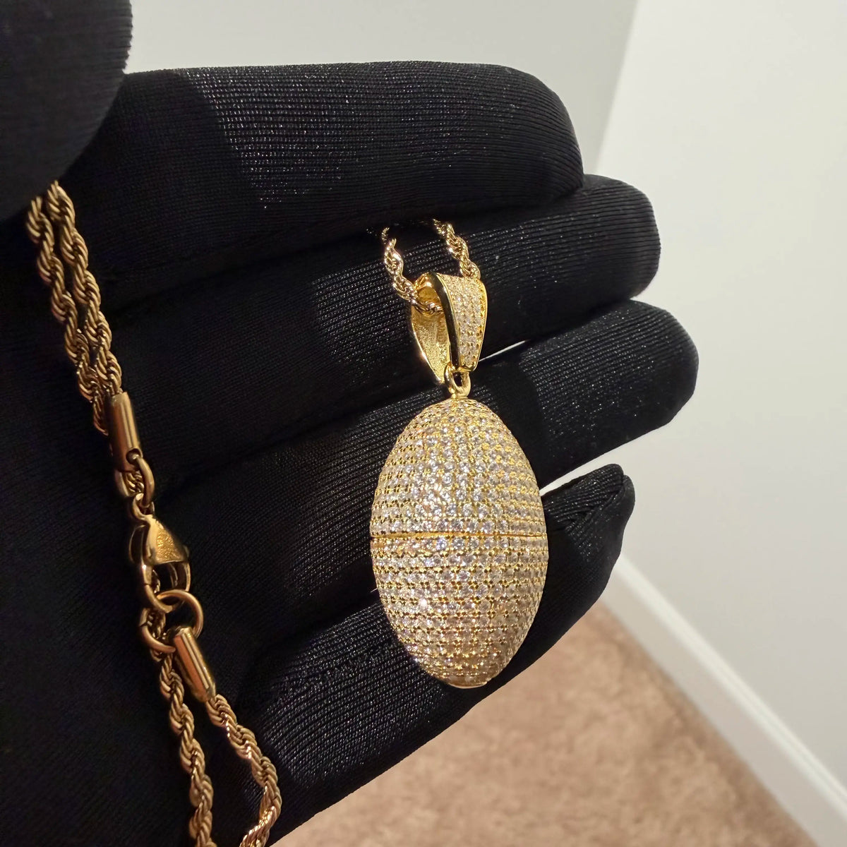 Gold Iced Out Football Pendant, Solid 925 Sterling Silver VVS CZ Diamond Necklace, Sports Jewelry, 22 Inch Rope Chain