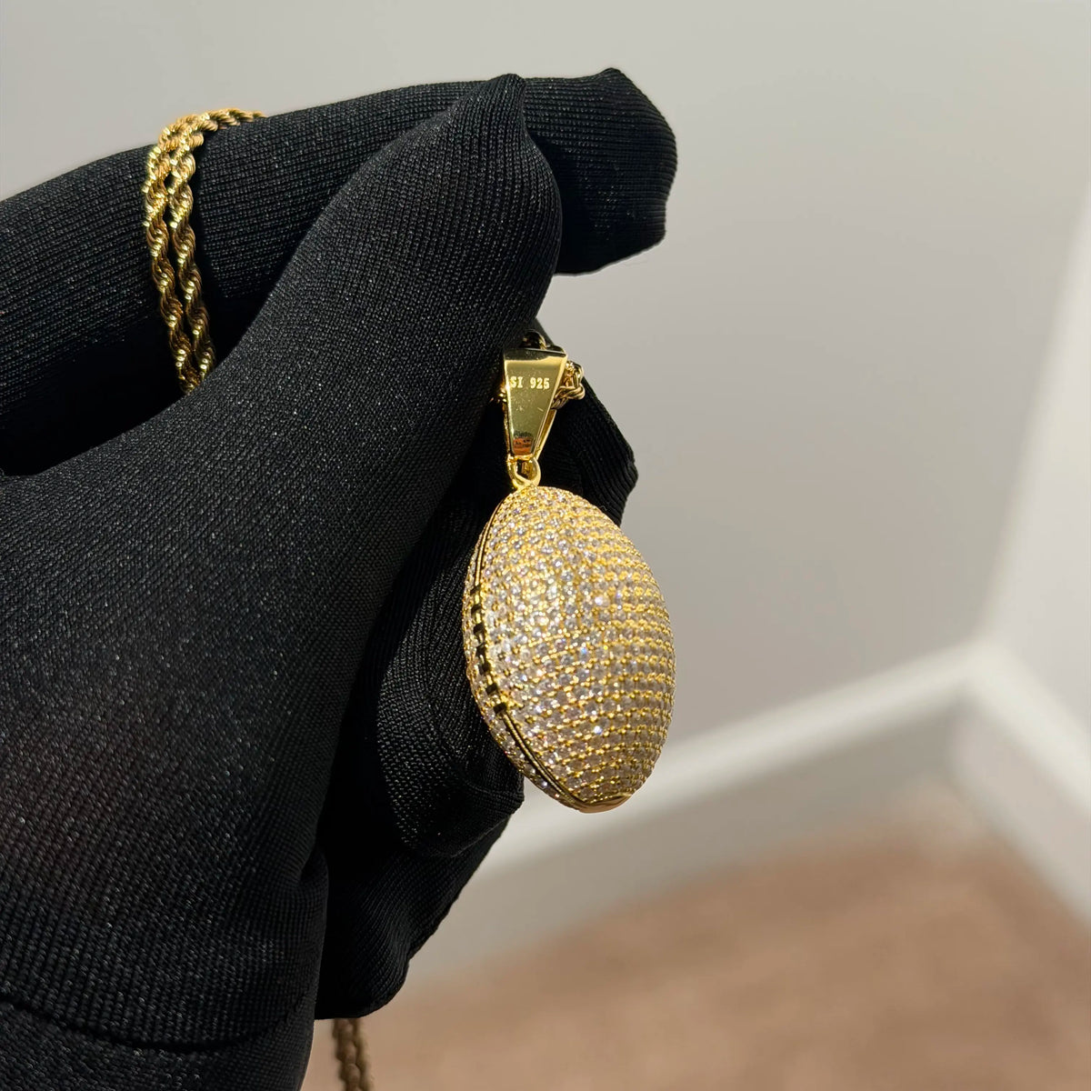 Gold Iced Out Football Pendant, Solid 925 Sterling Silver VVS CZ Diamond Necklace, Sports Jewelry, 22 Inch Rope Chain
