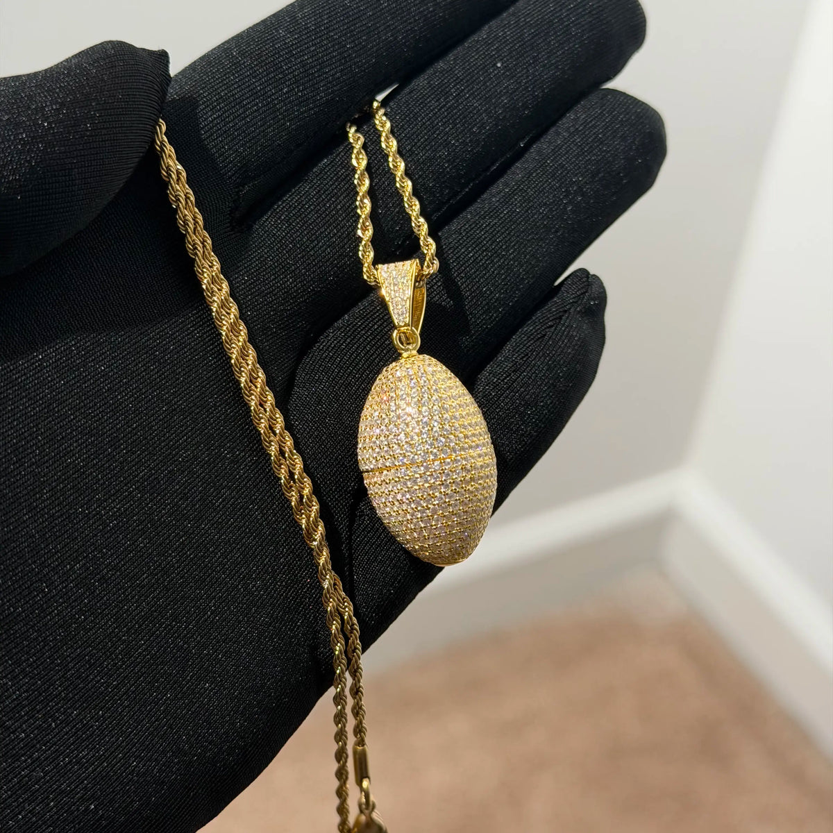 Gold Iced Out Football Pendant, Solid 925 Sterling Silver VVS CZ Diamond Necklace, Sports Jewelry, 22 Inch Rope Chain