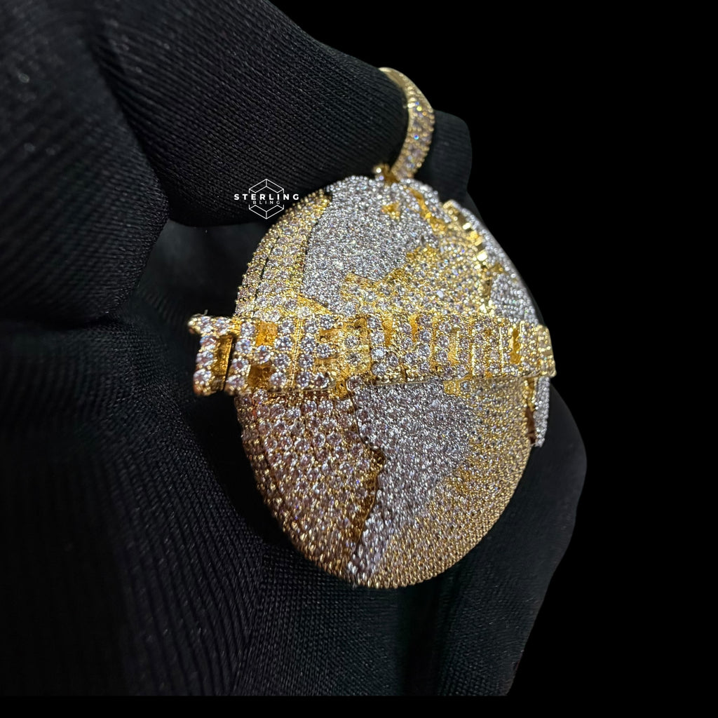 14K Gold Plated Iced Out The World Is Mine Pendant | CZ World Map Globe Hip Hop Necklace