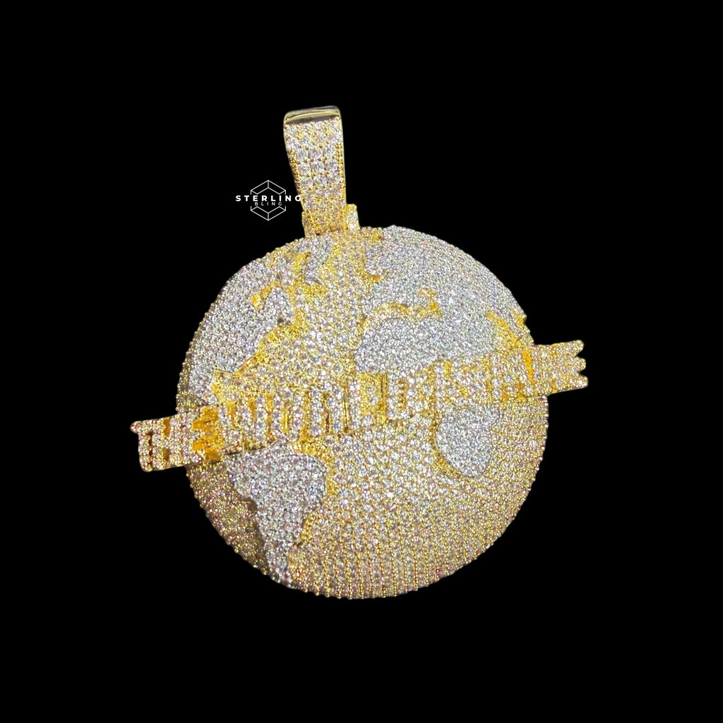 14K Gold Plated Iced Out The World Is Mine Pendant | CZ World Map Globe Hip Hop Necklace