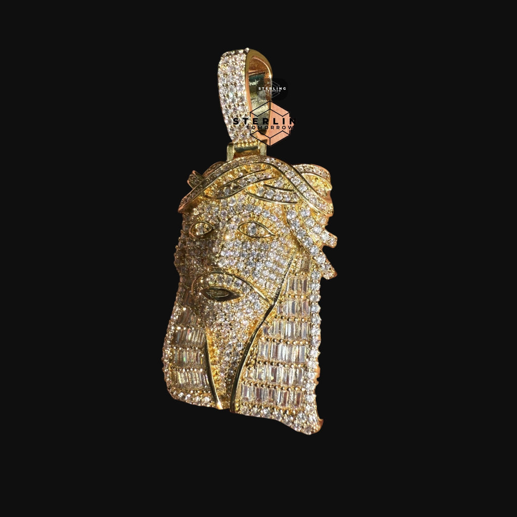 Jesus with Thorns Baguette Iced Out Pendant Gold Tone