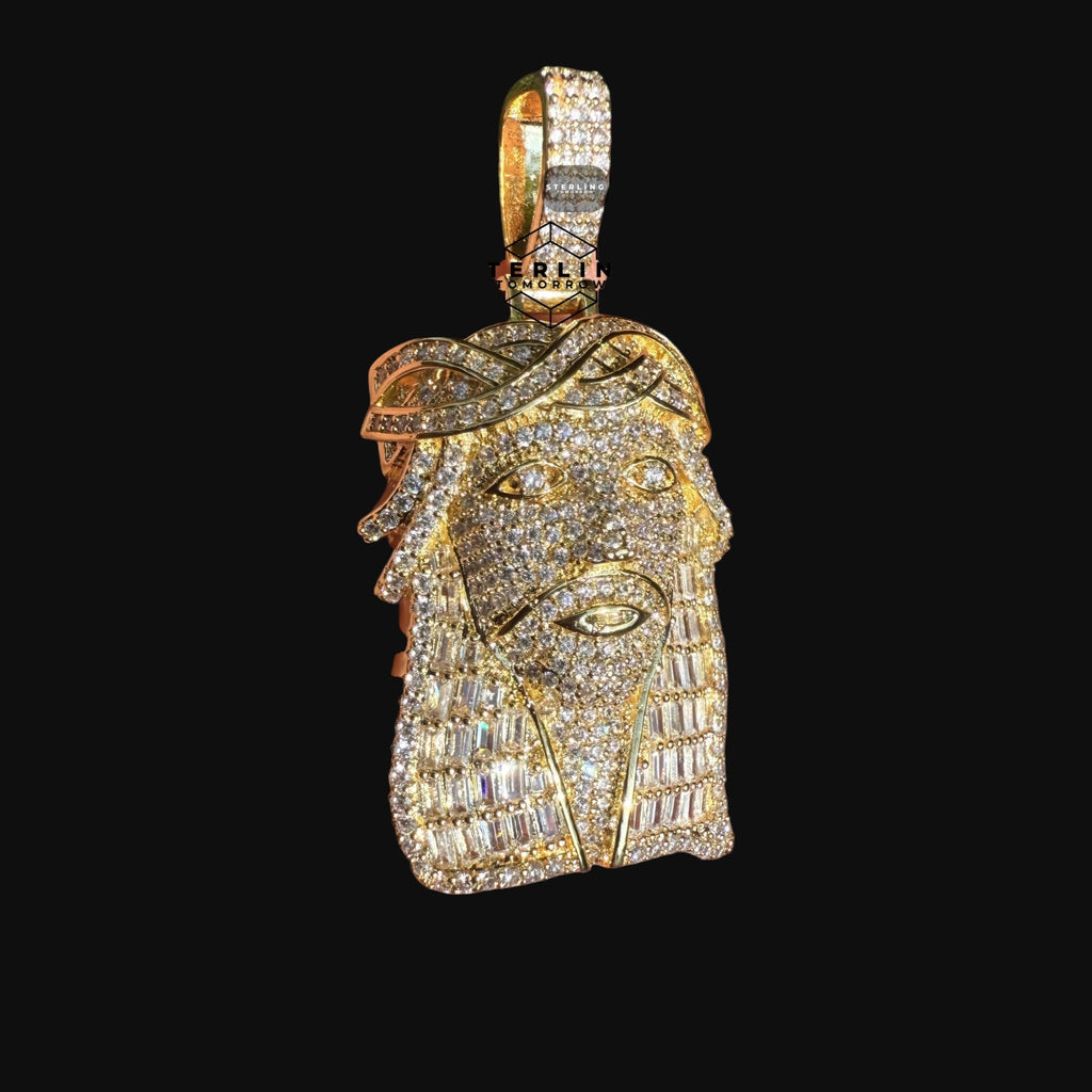 Jesus with Thorns Baguette Iced Out Pendant Gold Tone