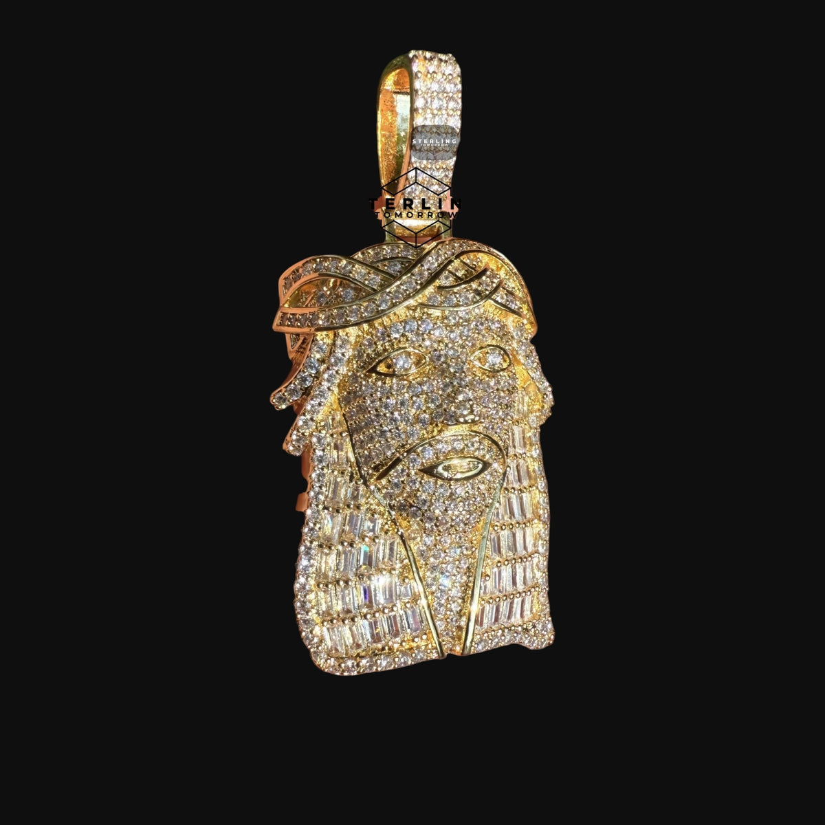 Jesus with Thorns Baguette Iced Out Pendant Gold Tone