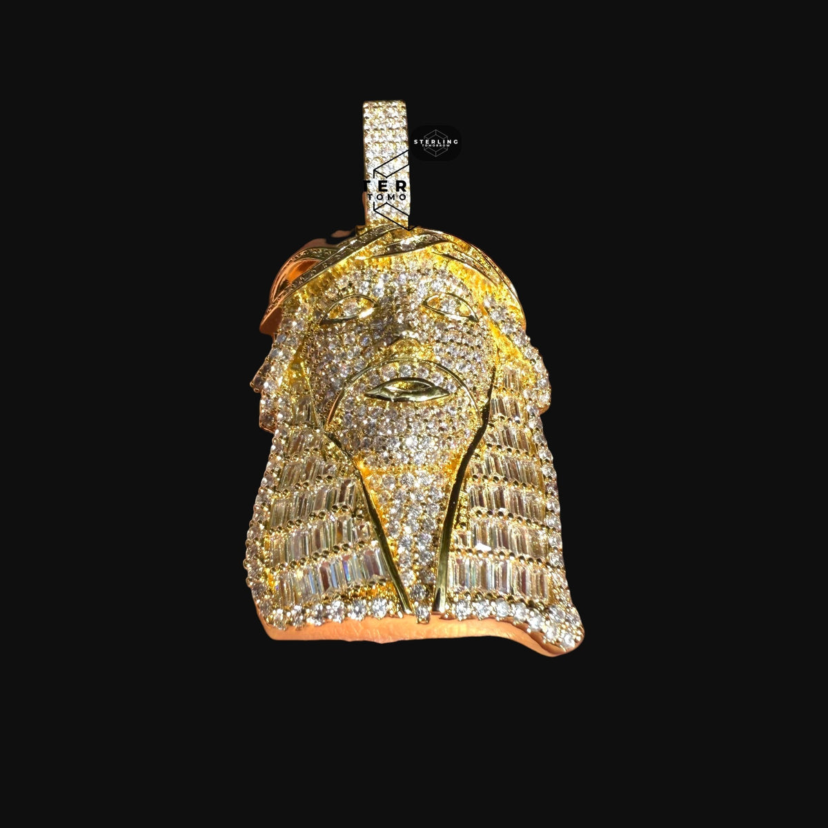 Jesus with Thorns Baguette Iced Out Pendant Gold Tone
