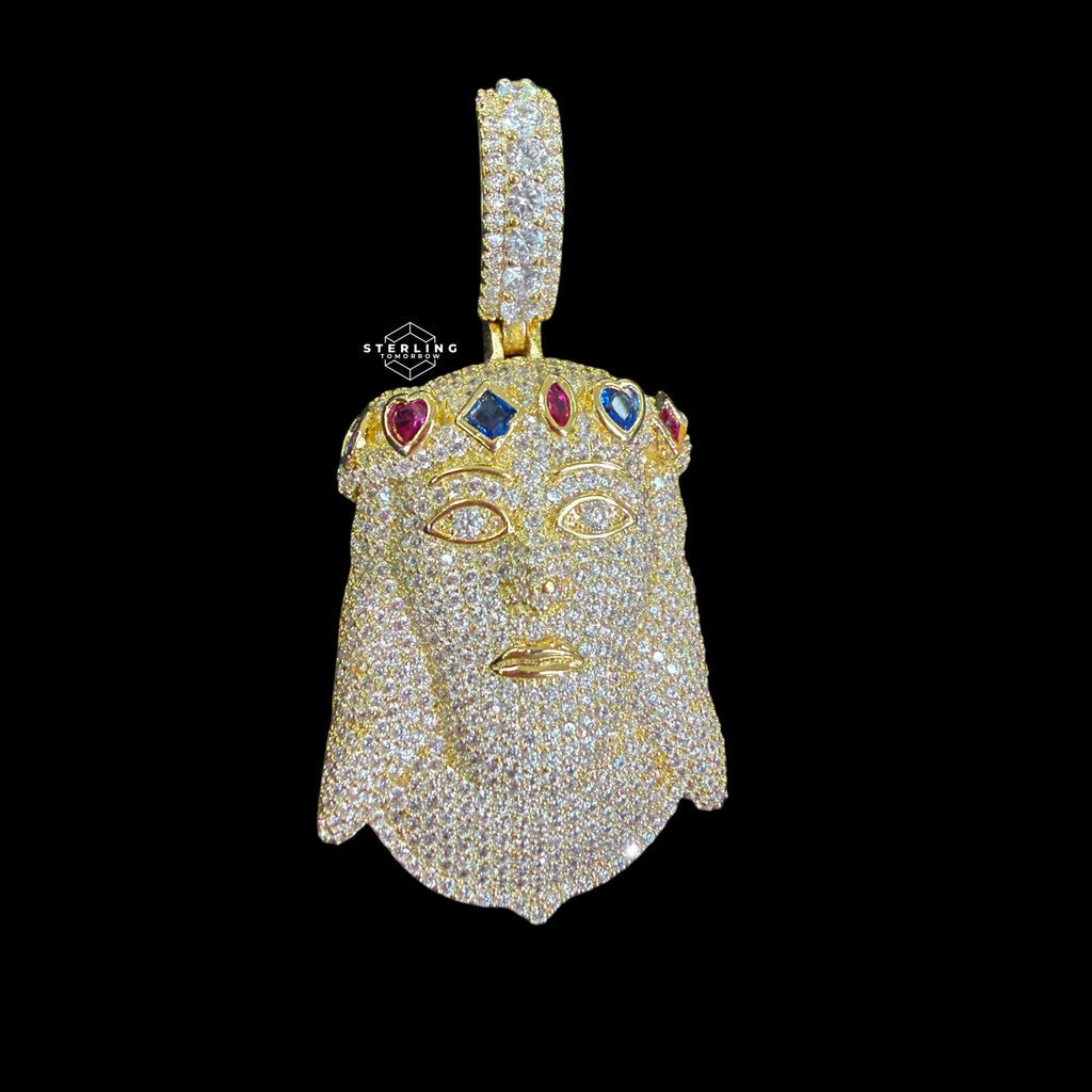 Gold Iced Out Jesus Pendant, Colorful Crown CZ Diamond Jesus Face Necklace