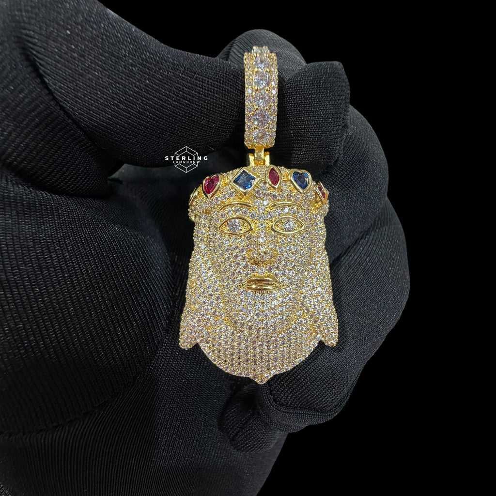 Gold Iced Out Jesus Pendant, Colorful Crown CZ Diamond Jesus Face Necklace