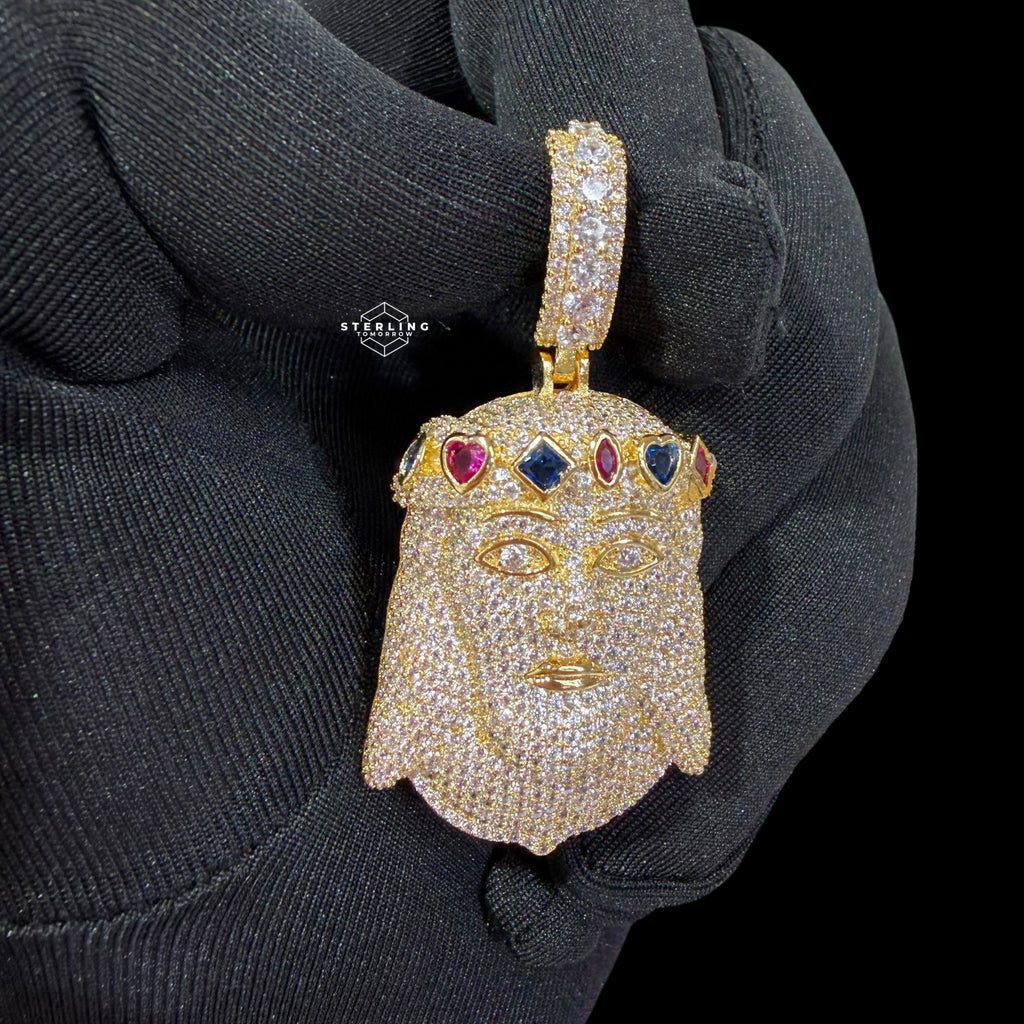 Gold Iced Out Jesus Pendant, Colorful Crown CZ Diamond Jesus Face Necklace