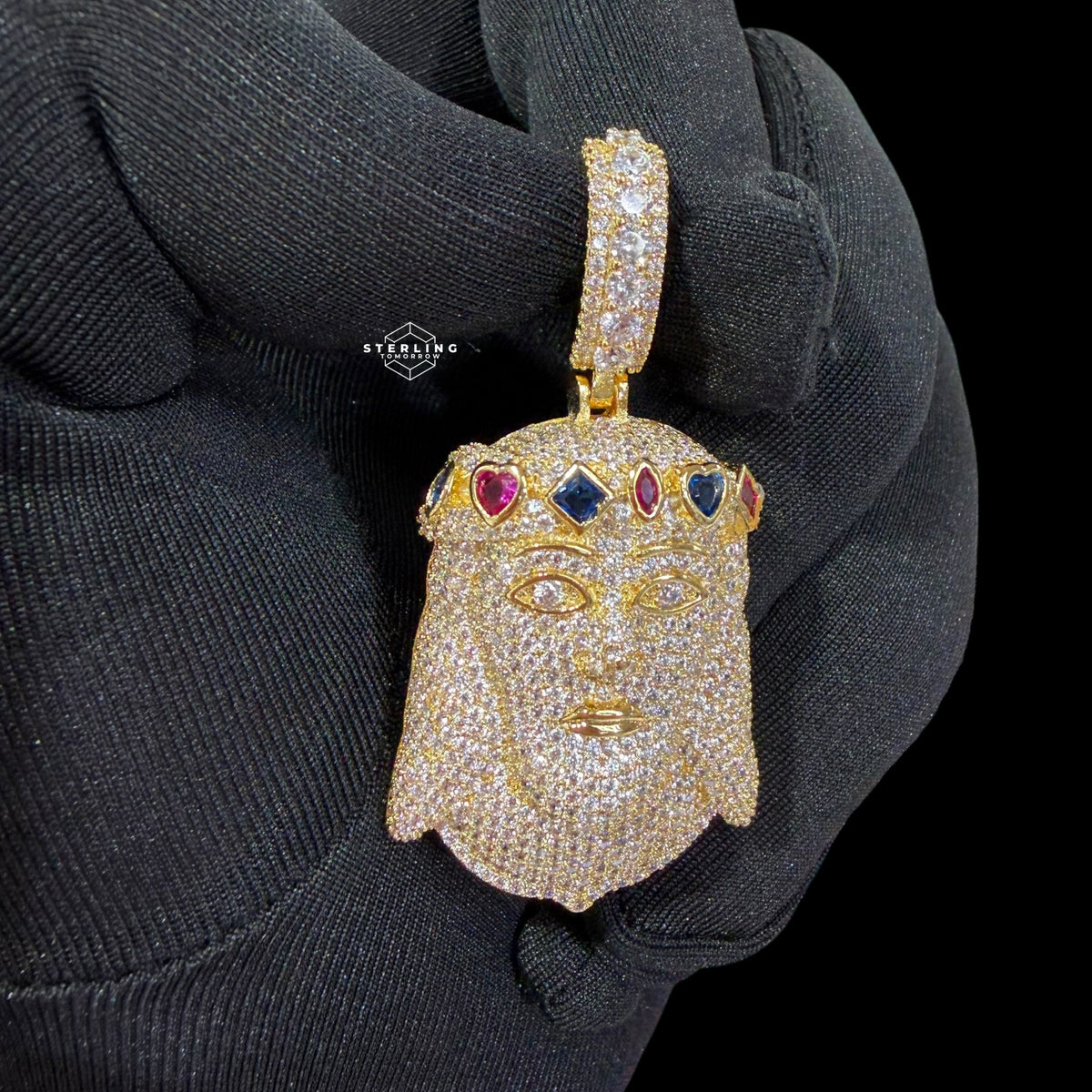 Gold Iced Out Jesus Pendant, Colorful Crown CZ Diamond Jesus Face Necklace